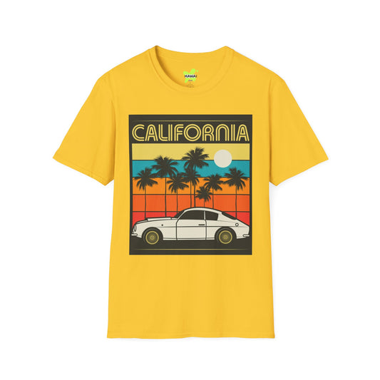 California Sunset Vintage T-Shirt | Unisex Softstyle Tee with Retro Car Design