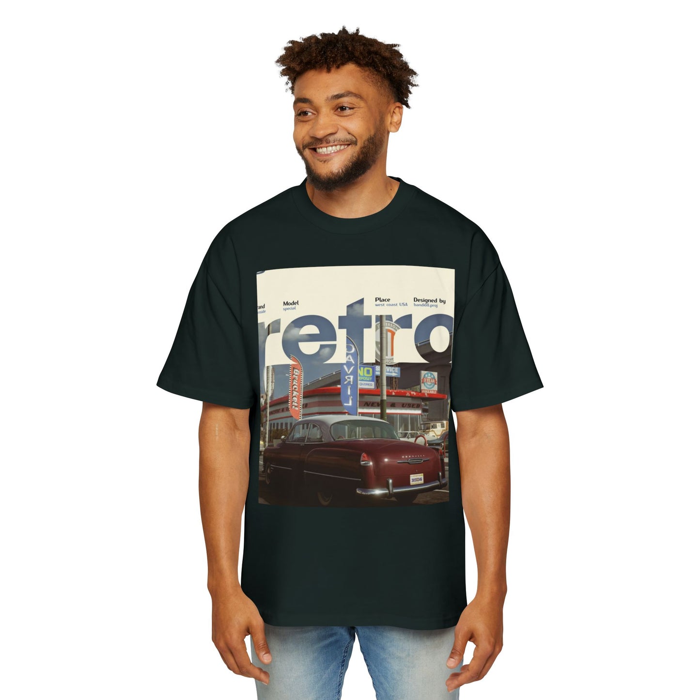 Retro Garage Tee — Vintage Car Photo Oversized T-Shirt