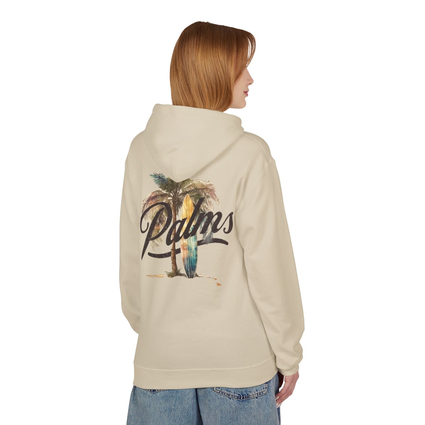 Cozy Beach Vibes Hoodie - Palm Tree & Surf Design
