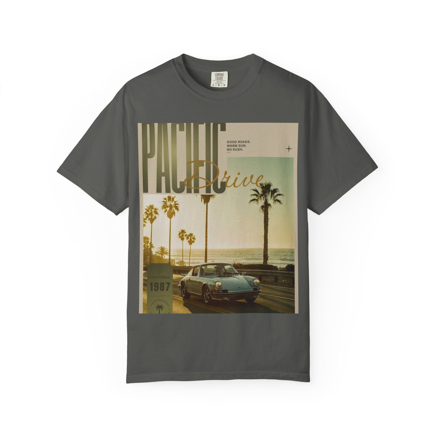 Pacific Drive Vintage Beach T-Shirt – Sunset Palm Coastal Graphic Tee