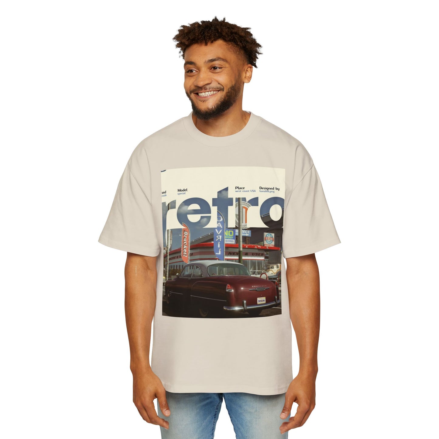 Retro Garage Tee — Vintage Car Photo Oversized T-Shirt