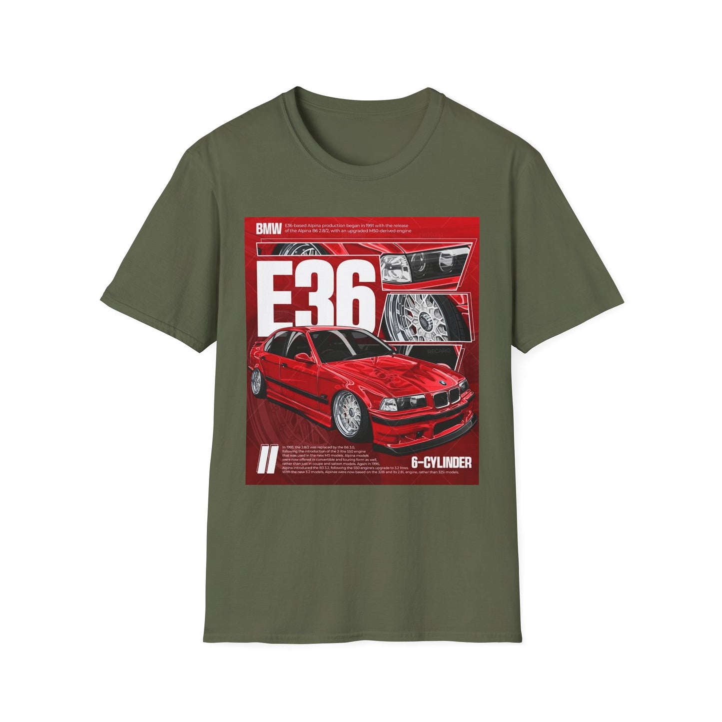 BMW E36 Graphic Unisex Softstyle T-Shirt, Car Enthusiast Tee, Vintage Auto Shirt, Gift for Him, Racing Apparel, Automotive Fashion