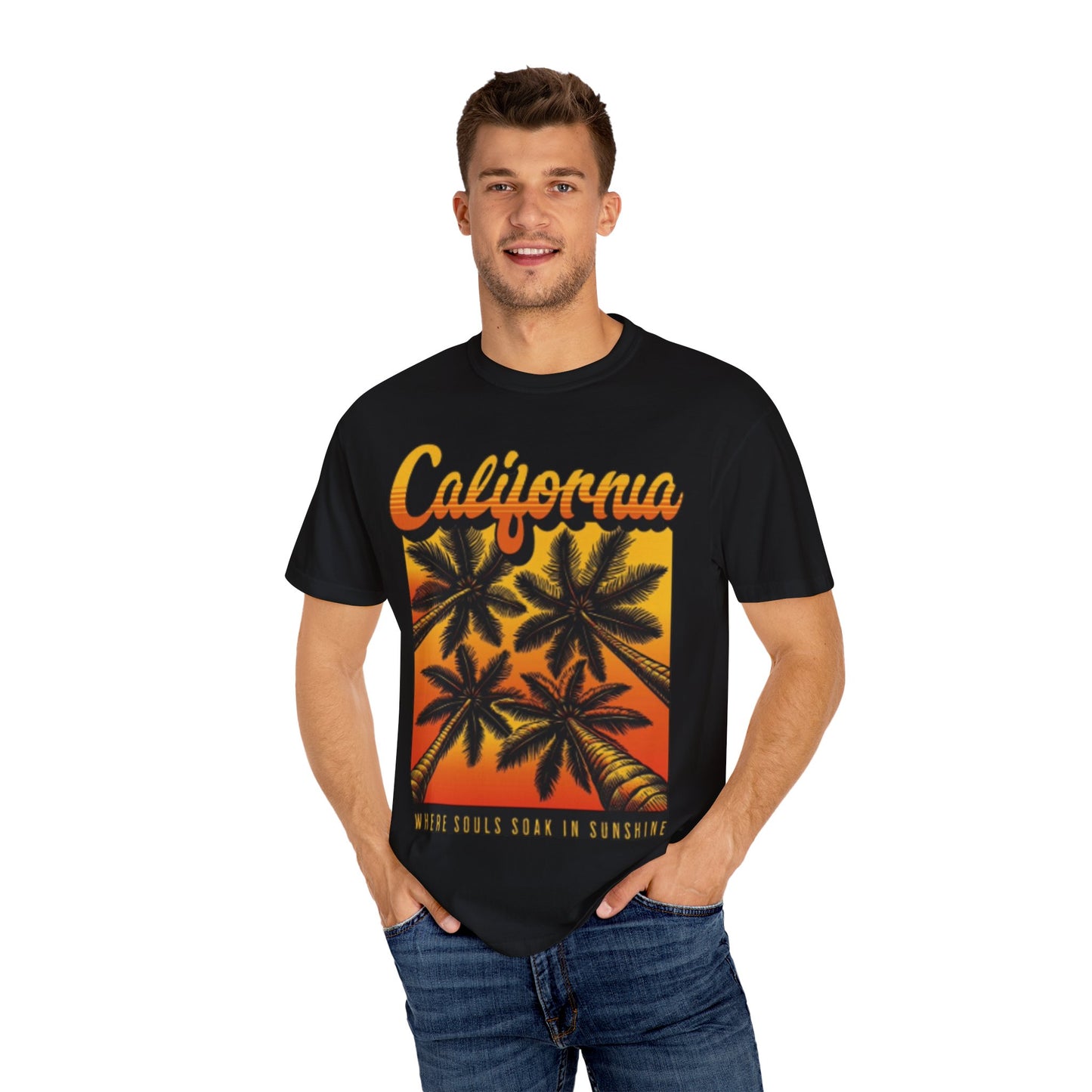 California Sunset T-Shirt - Garment-Dyed Unisex Tee with Palm Tree Design