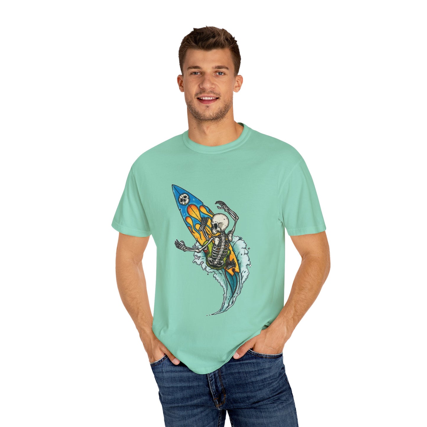 Surfing Skeleton Unisex T-shirt | Graphic Tee, Vintage Style, Beachwear, Gift for Surfers, Fun Summer Look