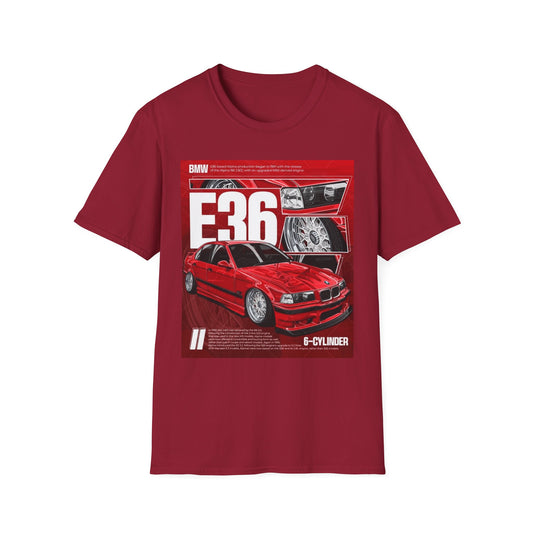 BMW E36 Graphic Unisex Softstyle T-Shirt, Car Enthusiast Tee, Vintage Auto Shirt, Gift for Him, Racing Apparel, Automotive Fashion