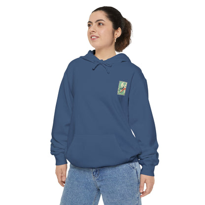 White Hoodie with Retro Skate Sticker Graphic — Vintage Skateboard Design
