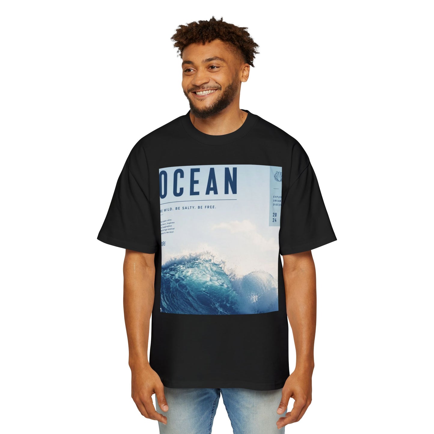 Ocean Wave Graphic Tee — "OCEAN" Photo Print Oversized Men's T-Shirt