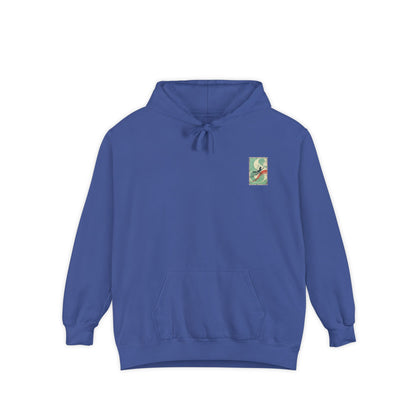 White Hoodie with Retro Skate Sticker Graphic — Vintage Skateboard Design
