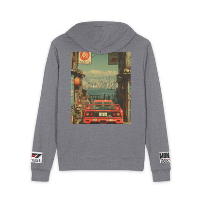 Racing Retro Zip Hoodie — Red Supercar Street Scene Back Print