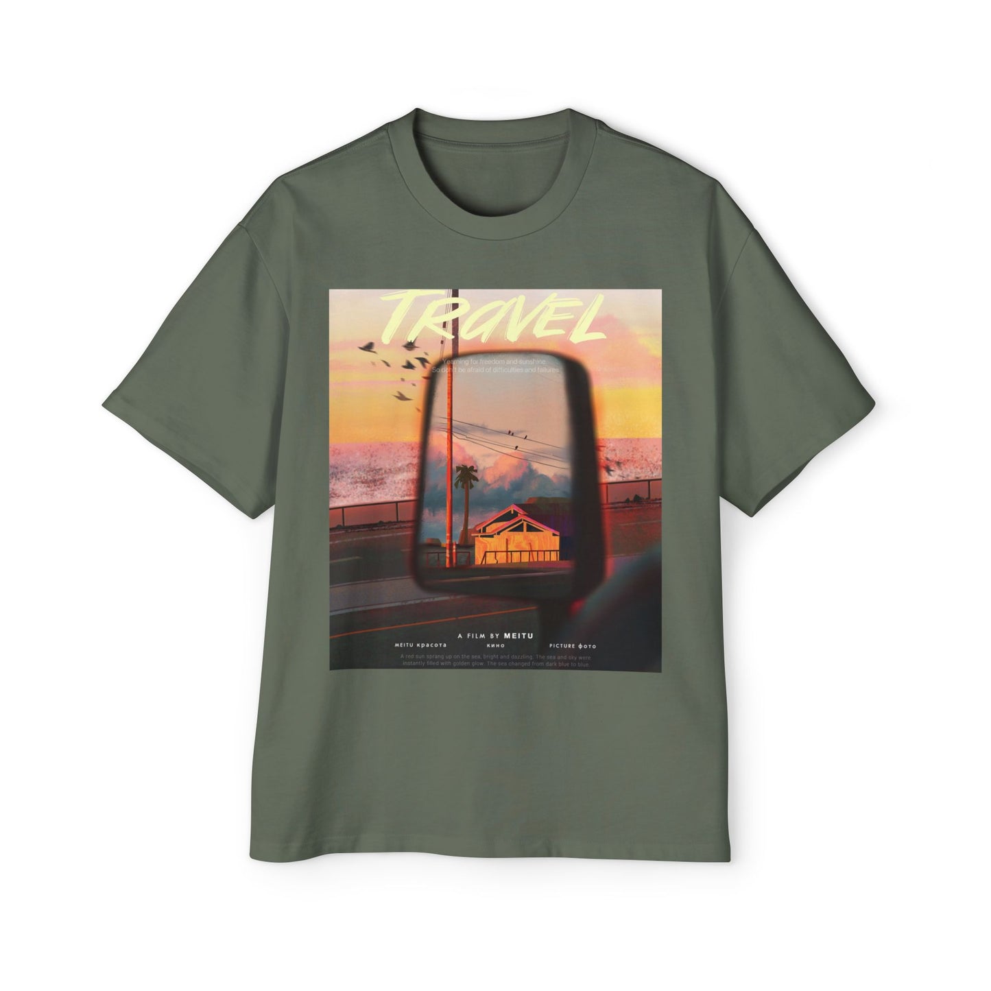 Travel Sunset Tee — Retro Roadside Mirror Graphic T-Shirt