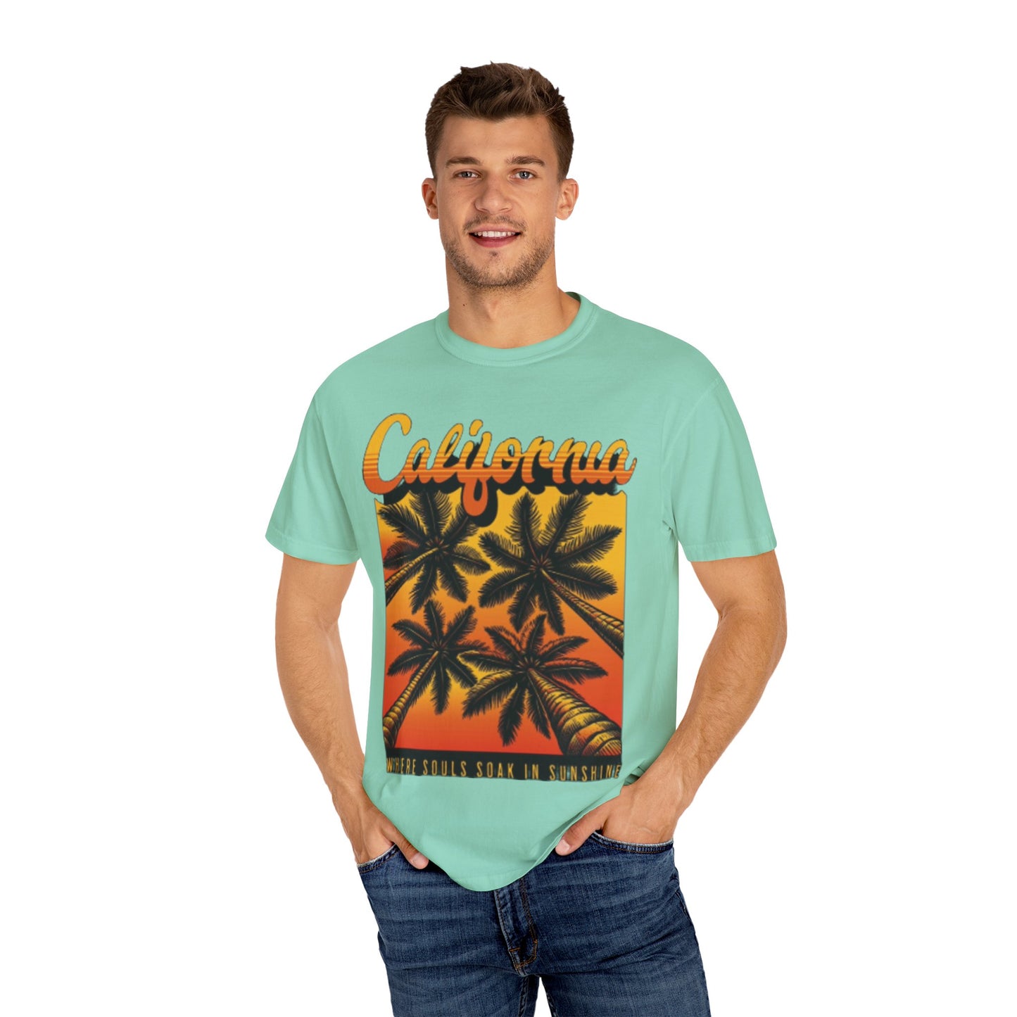 California Sunset T-Shirt - Garment-Dyed Unisex Tee with Palm Tree Design