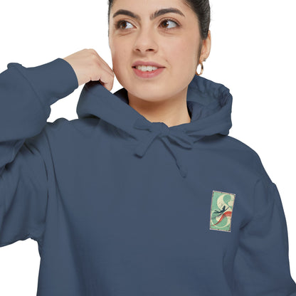 White Hoodie with Retro Skate Sticker Graphic — Vintage Skateboard Design