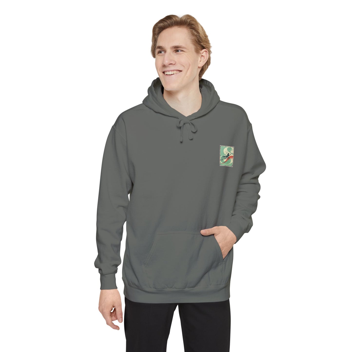 White Hoodie with Retro Skate Sticker Graphic — Vintage Skateboard Design