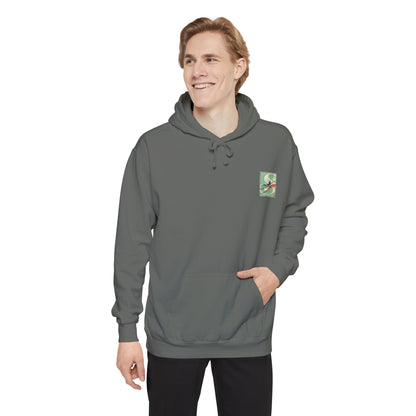 White Hoodie with Retro Skate Sticker Graphic — Vintage Skateboard Design