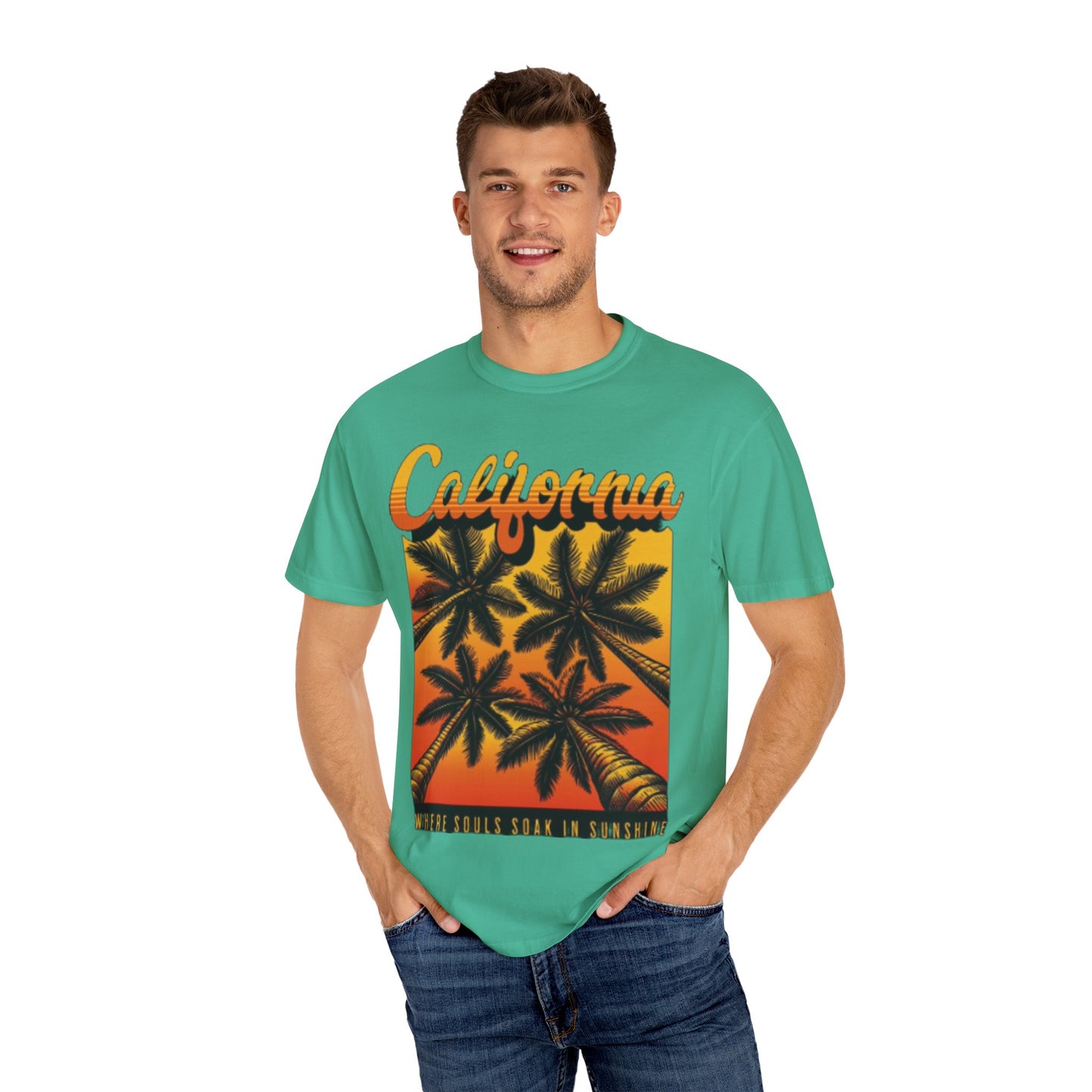 California Sunset T-Shirt - Garment-Dyed Unisex Tee with Palm Tree Design