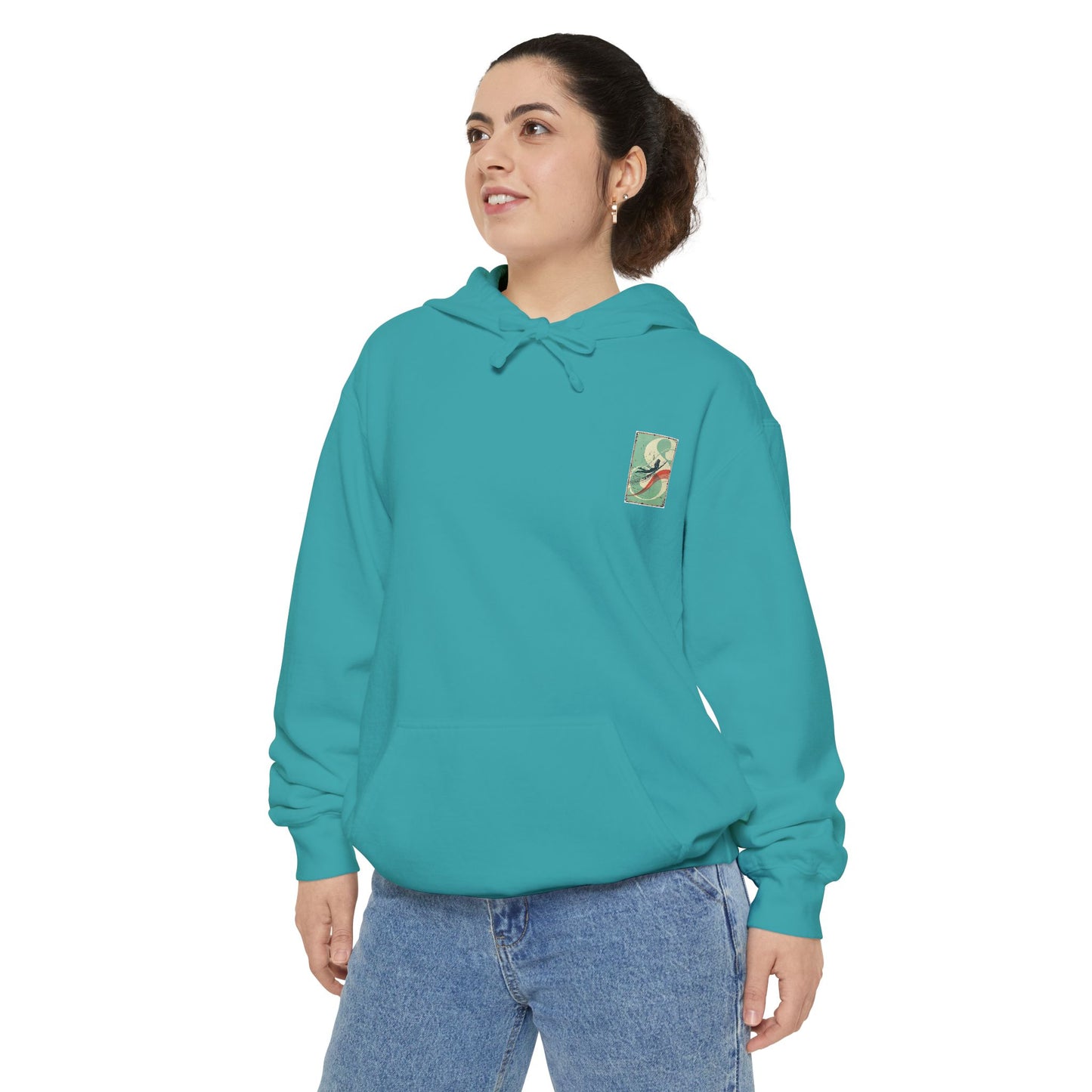White Hoodie with Retro Skate Sticker Graphic — Vintage Skateboard Design