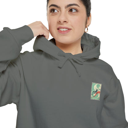White Hoodie with Retro Skate Sticker Graphic — Vintage Skateboard Design