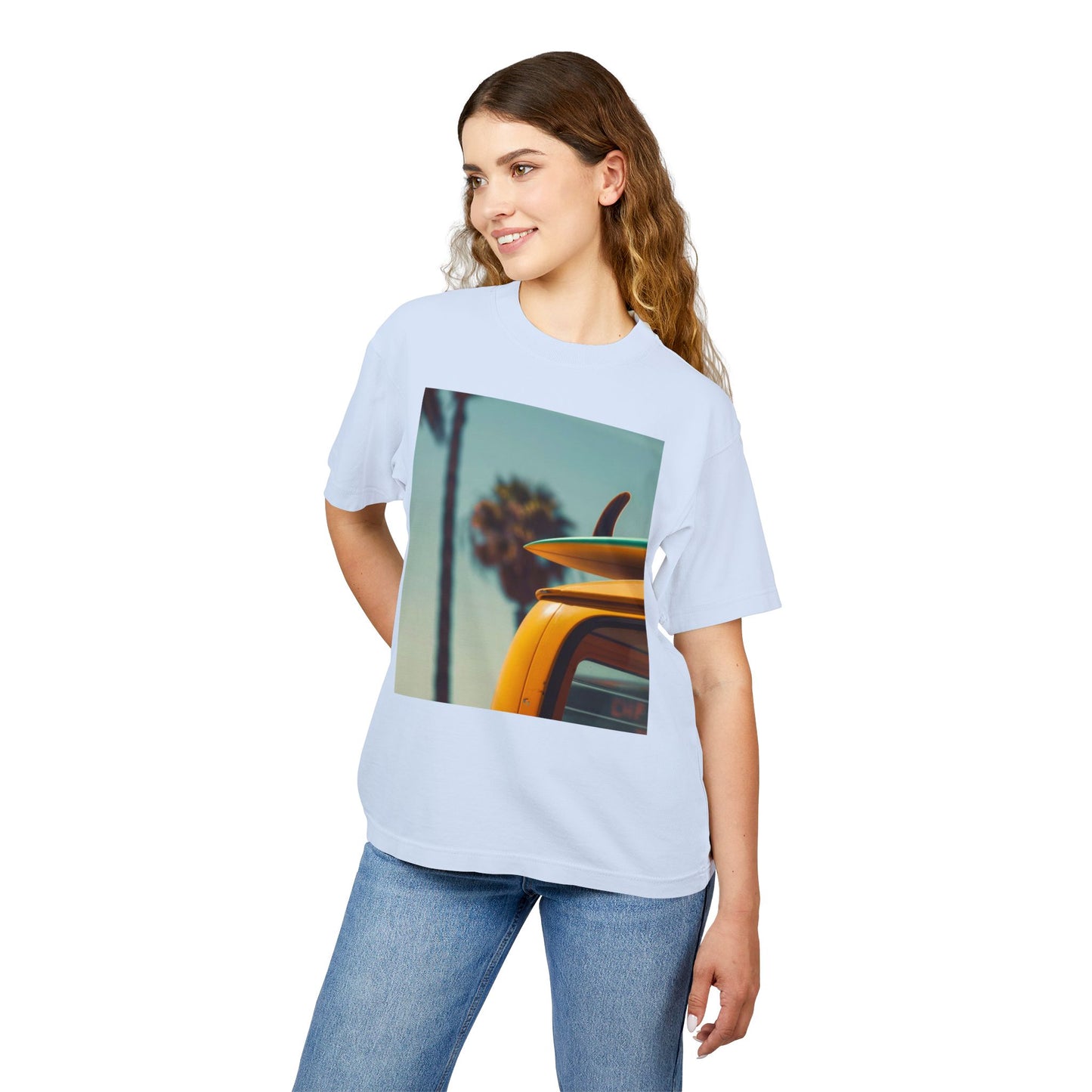 Surf Van Beach Photo Tee — Vintage Palm & Surfboard Graphic T-Shirt