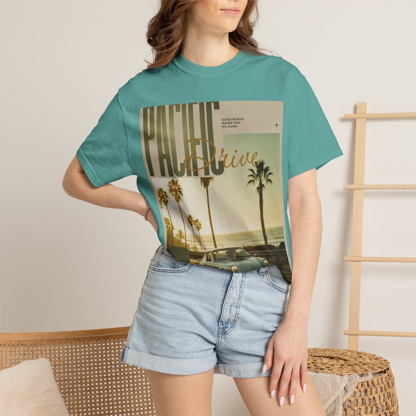Pacific Drive Vintage Beach T-Shirt – Sunset Palm Coastal Graphic Tee