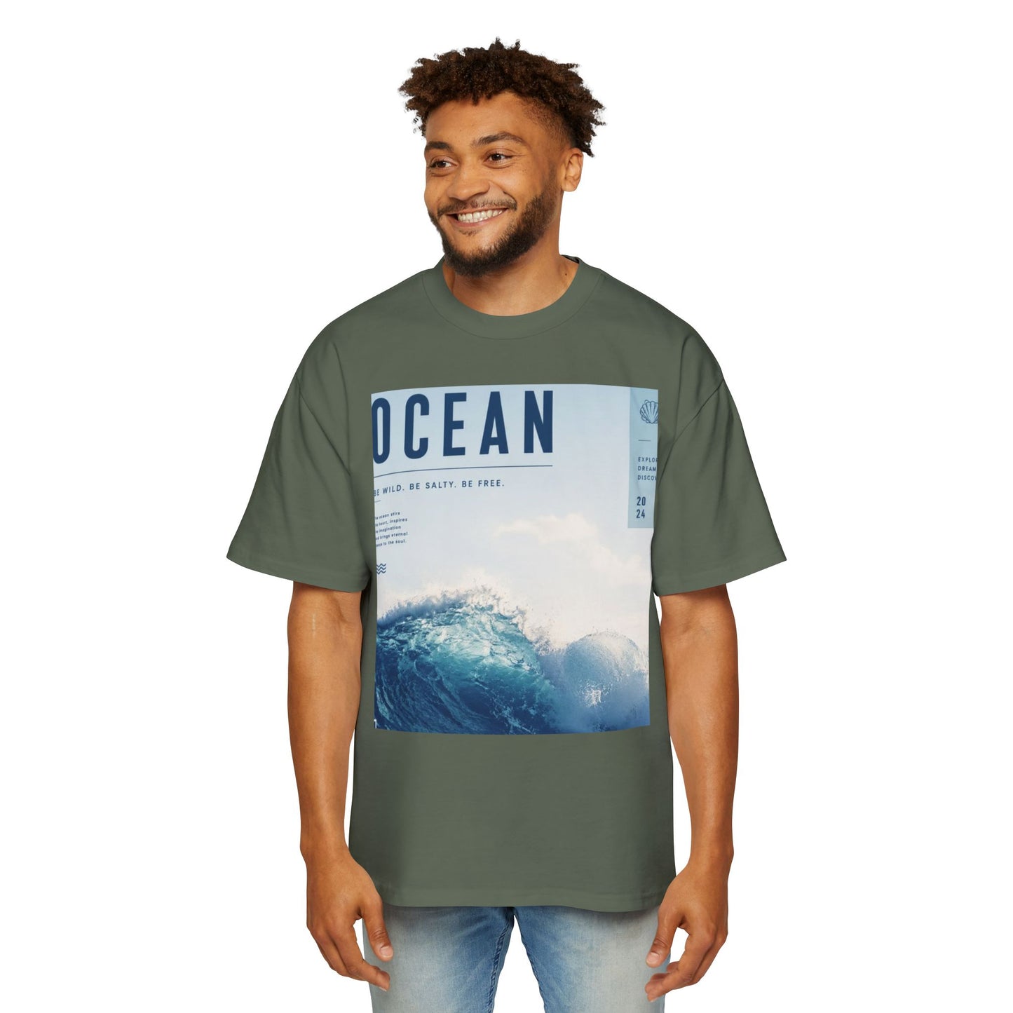 Ocean Wave Graphic Tee — "OCEAN" Photo Print Oversized Men's T-Shirt