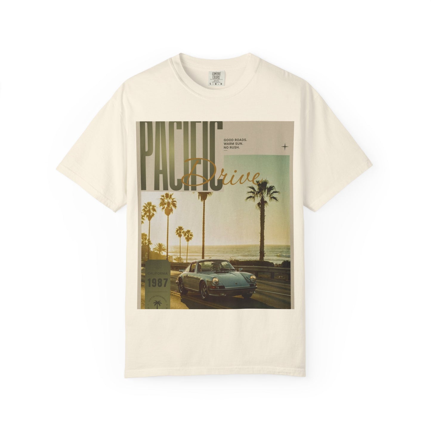 Pacific Drive Vintage Beach T-Shirt – Sunset Palm Coastal Graphic Tee