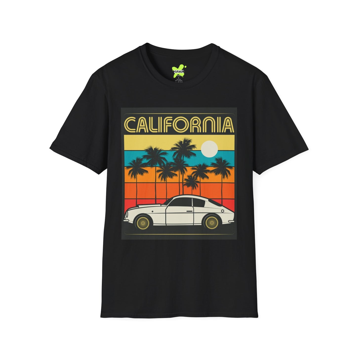 California Sunset Vintage T-Shirt | Unisex Softstyle Tee with Retro Car Design