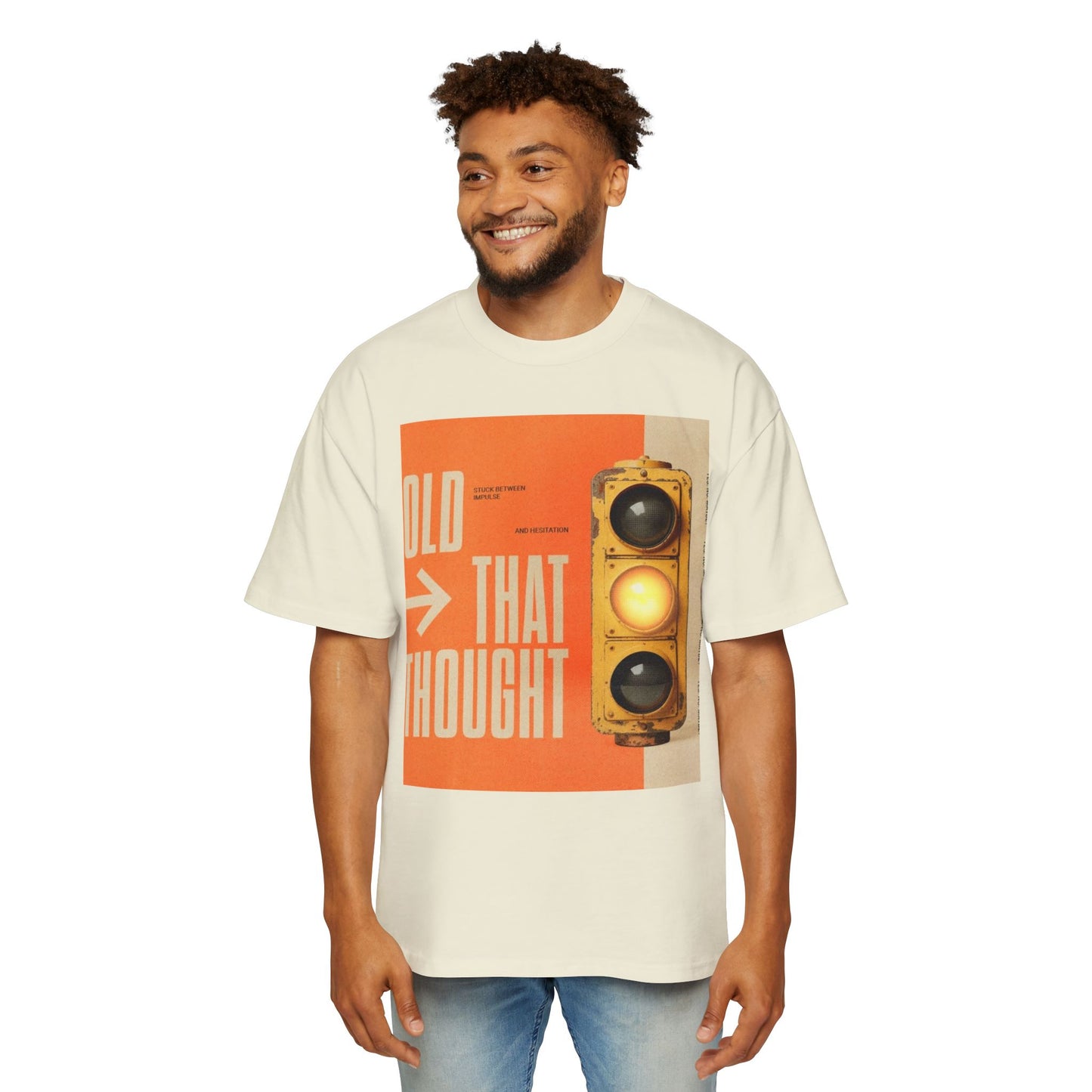 Oversized Tee — Retro Traffic Light 'Hold That Thought' Graphic
