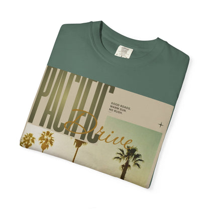 Pacific Drive Vintage Beach T-Shirt – Sunset Palm Coastal Graphic Tee