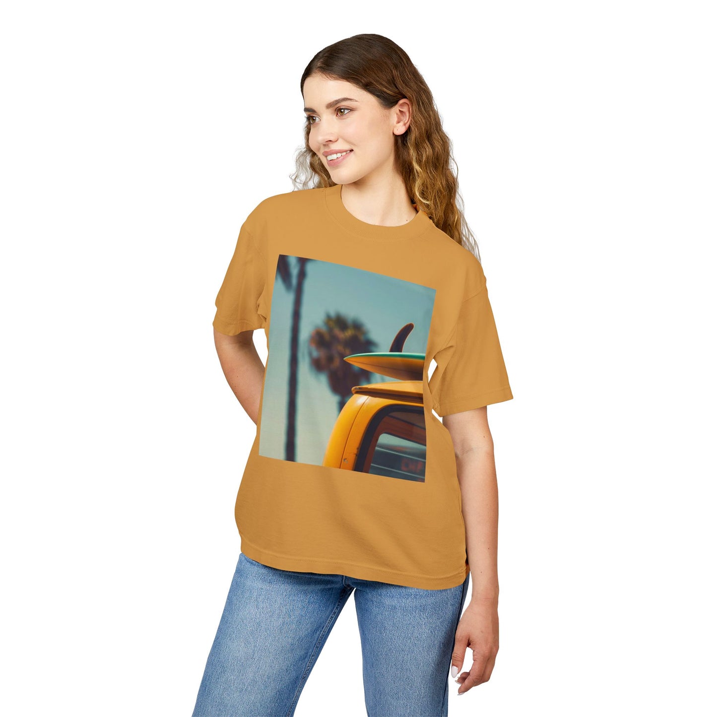 Surf Van Beach Photo Tee — Vintage Palm & Surfboard Graphic T-Shirt