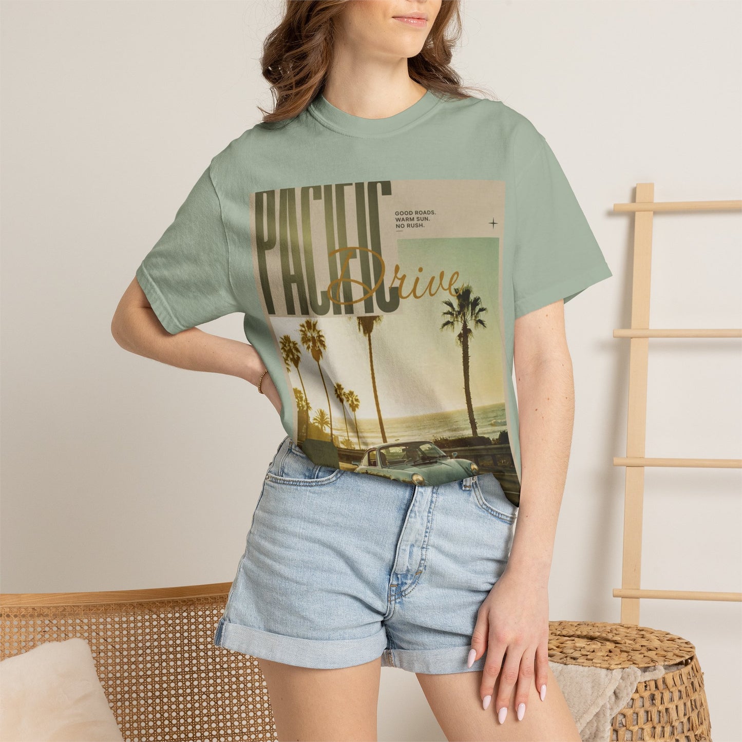 Pacific Drive Vintage Beach T-Shirt – Sunset Palm Coastal Graphic Tee