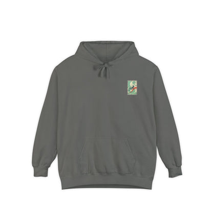 White Hoodie with Retro Skate Sticker Graphic — Vintage Skateboard Design