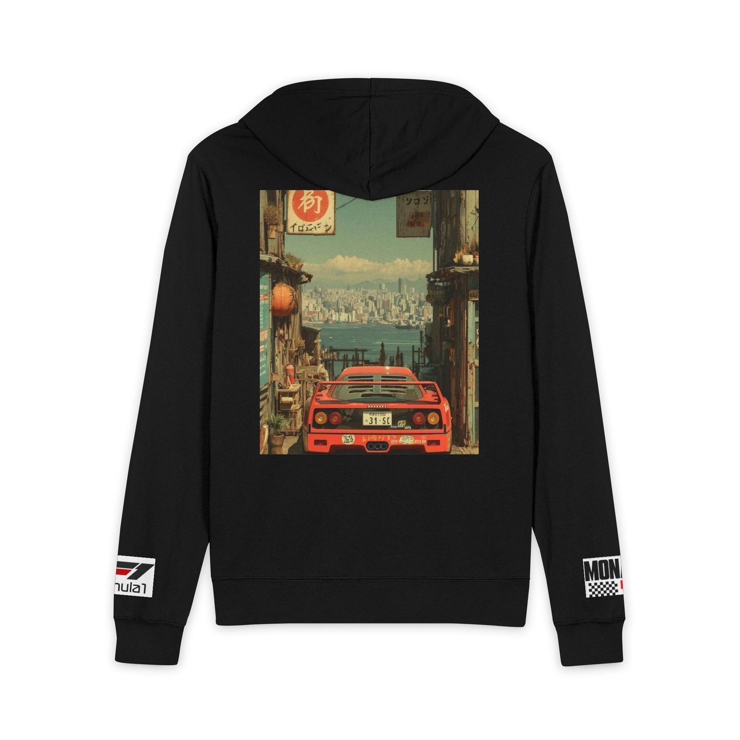 Racing Retro Zip Hoodie — Red Supercar Street Scene Back Print