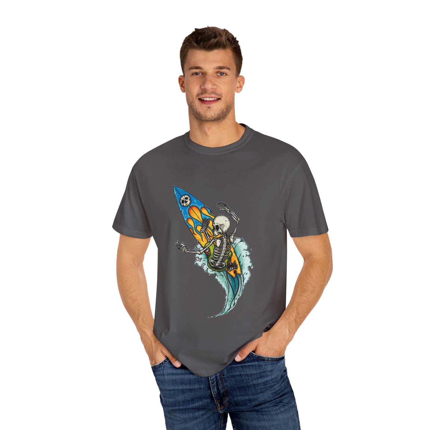 Surfing Skeleton Unisex T-shirt | Graphic Tee, Vintage Style, Beachwear, Gift for Surfers, Fun Summer Look