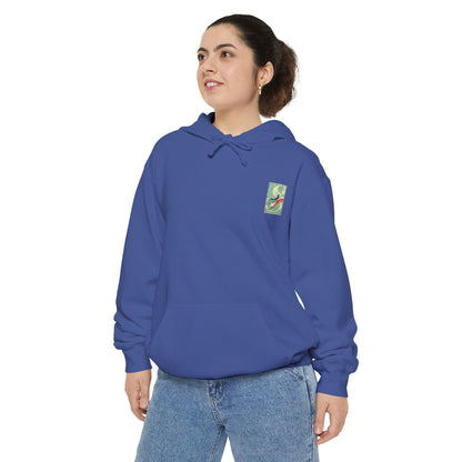 White Hoodie with Retro Skate Sticker Graphic — Vintage Skateboard Design
