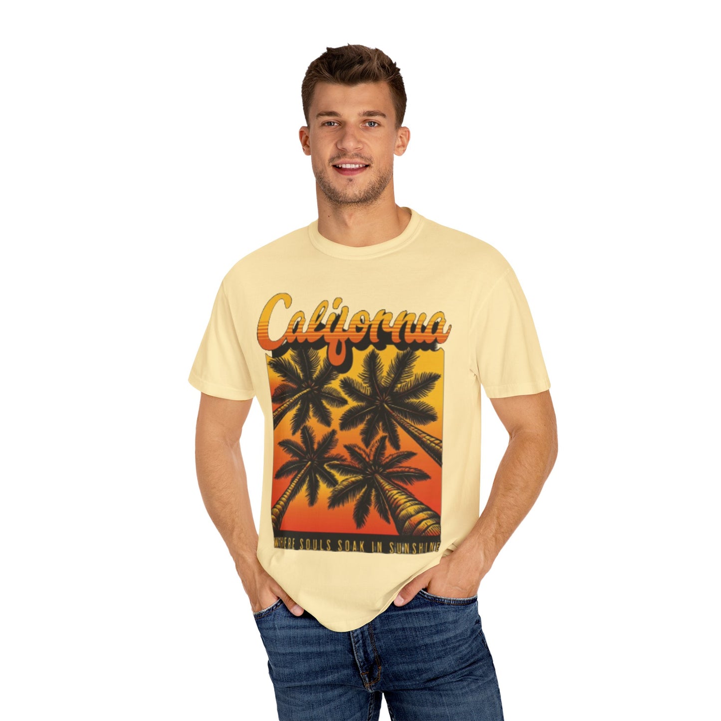 California Sunset T-Shirt - Garment-Dyed Unisex Tee with Palm Tree Design