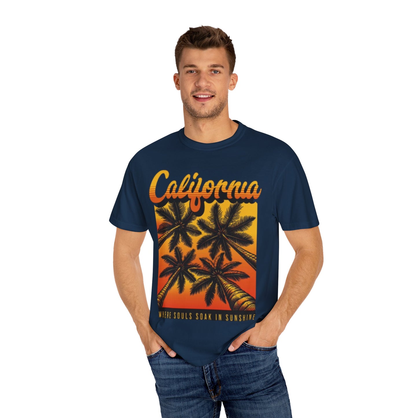 California Sunset T-Shirt - Garment-Dyed Unisex Tee with Palm Tree Design