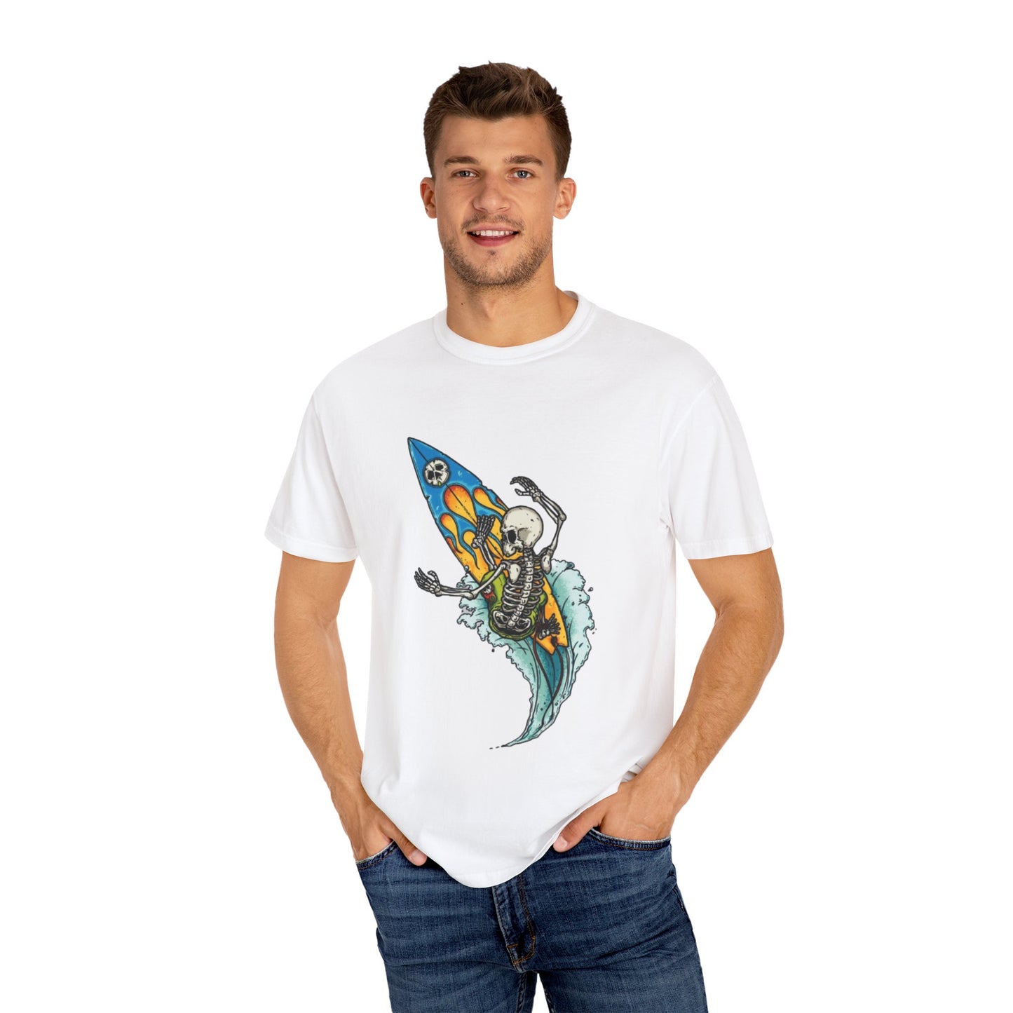 Surfing Skeleton Unisex T-shirt | Graphic Tee, Vintage Style, Beachwear, Gift for Surfers, Fun Summer Look