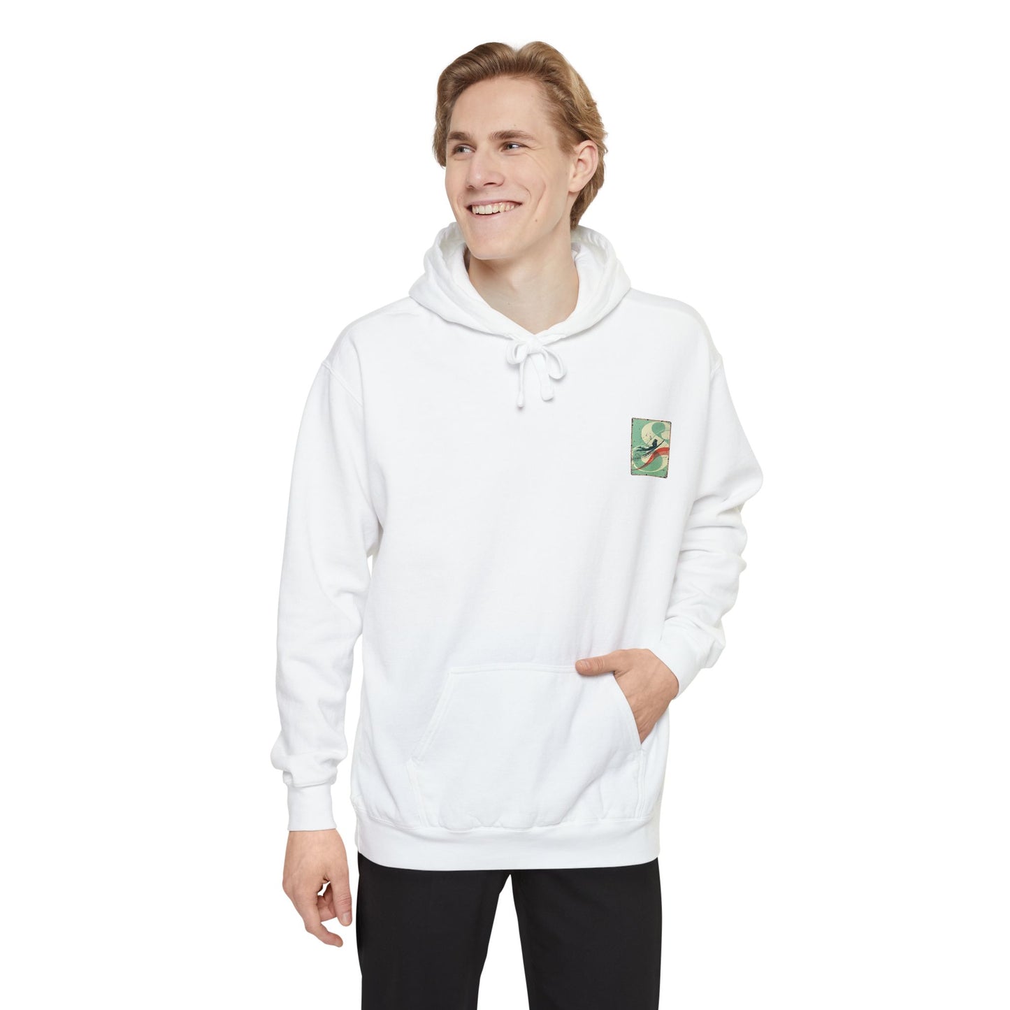 White Hoodie with Retro Skate Sticker Graphic — Vintage Skateboard Design
