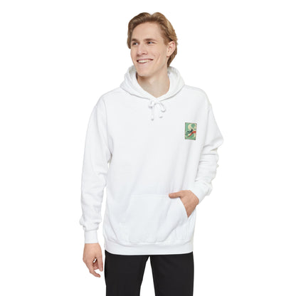 White Hoodie with Retro Skate Sticker Graphic — Vintage Skateboard Design