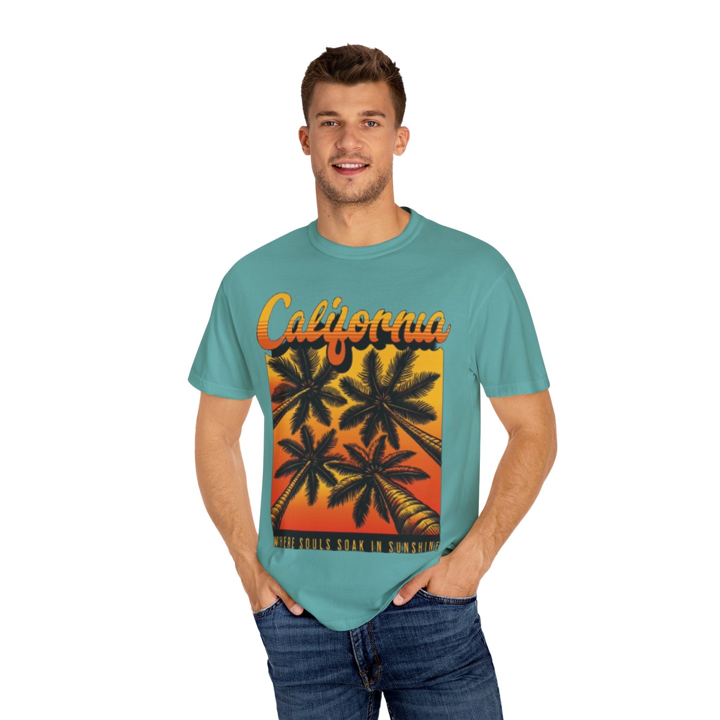 California Sunset T-Shirt - Garment-Dyed Unisex Tee with Palm Tree Design
