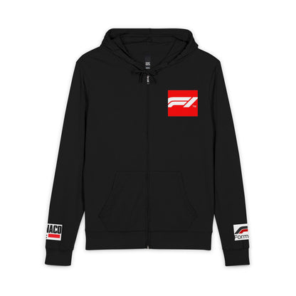 Racing Retro Zip Hoodie — Red Supercar Street Scene Back Print