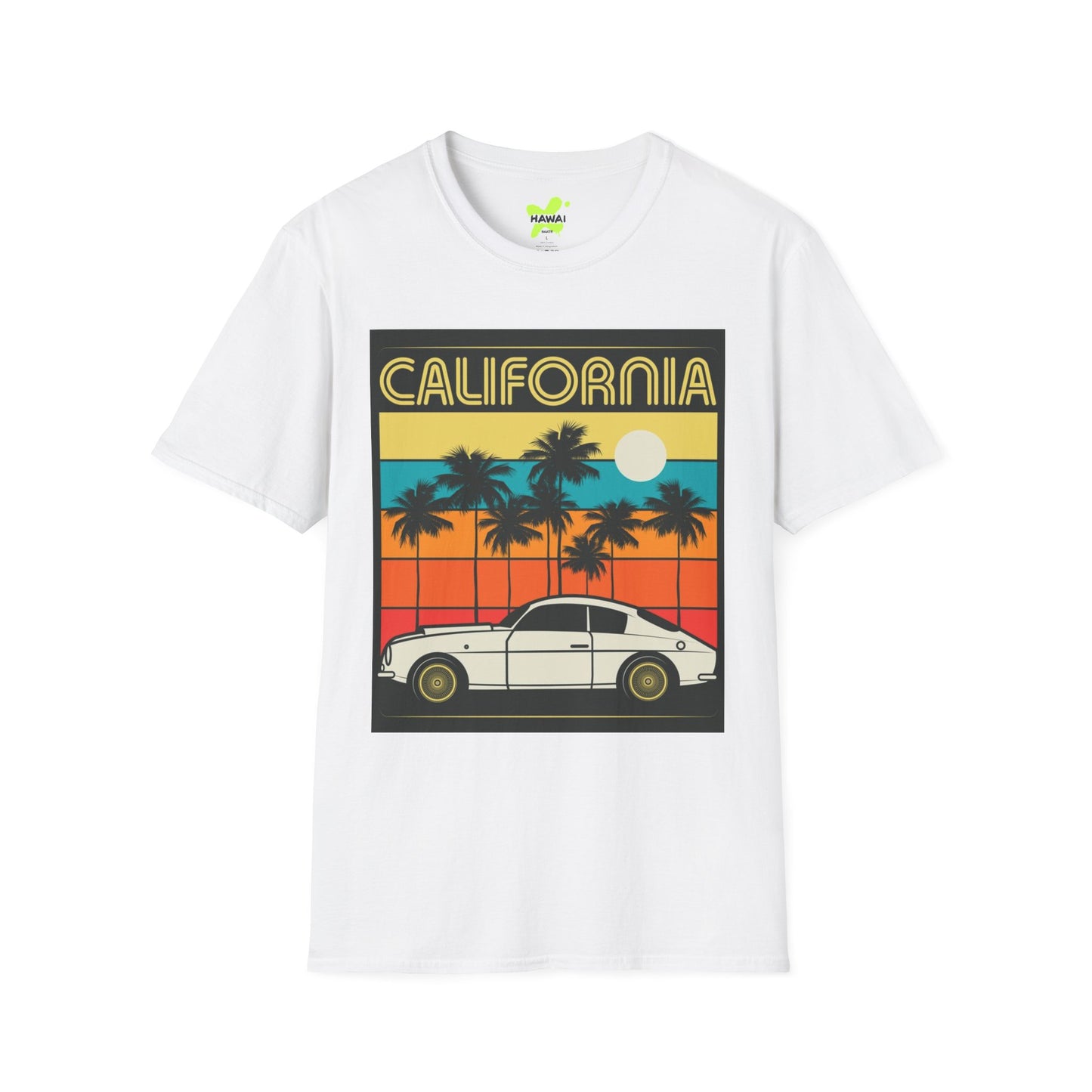 California Sunset Vintage T-Shirt | Unisex Softstyle Tee with Retro Car Design