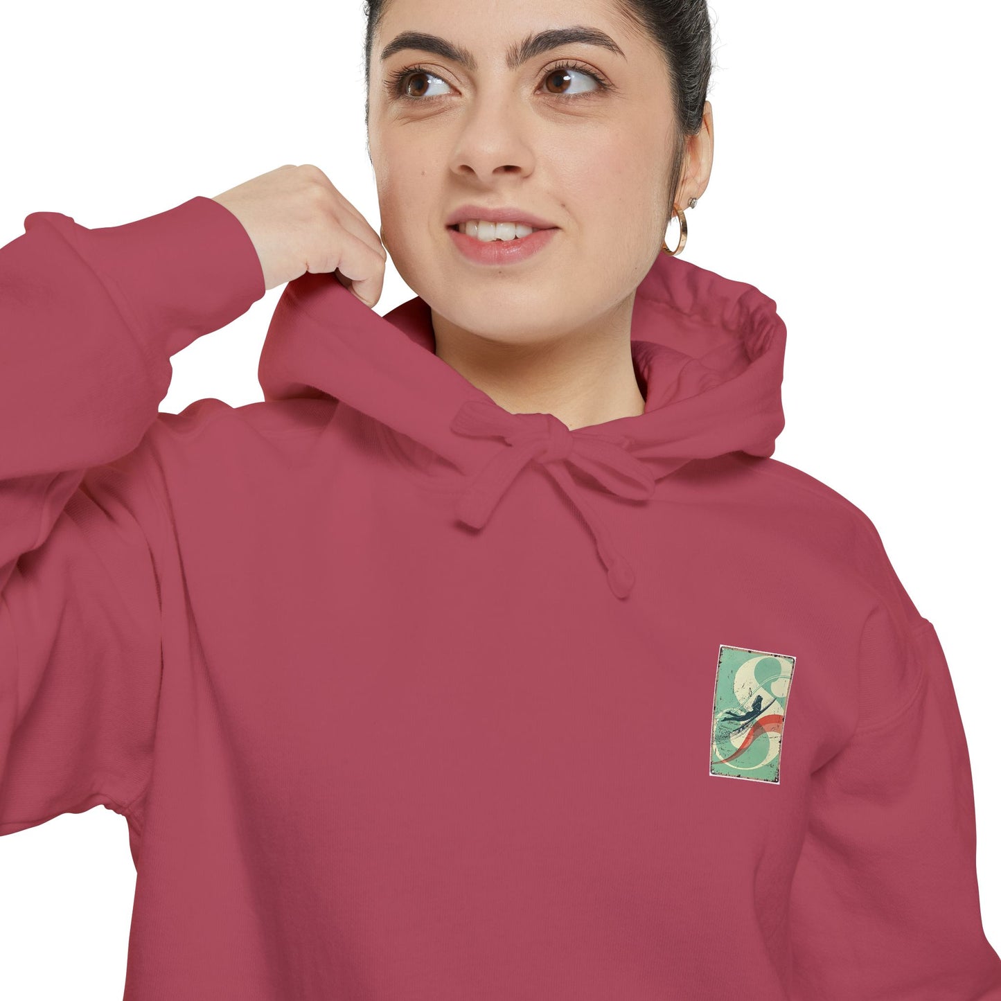 White Hoodie with Retro Skate Sticker Graphic — Vintage Skateboard Design
