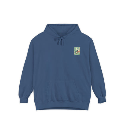 White Hoodie with Retro Skate Sticker Graphic — Vintage Skateboard Design