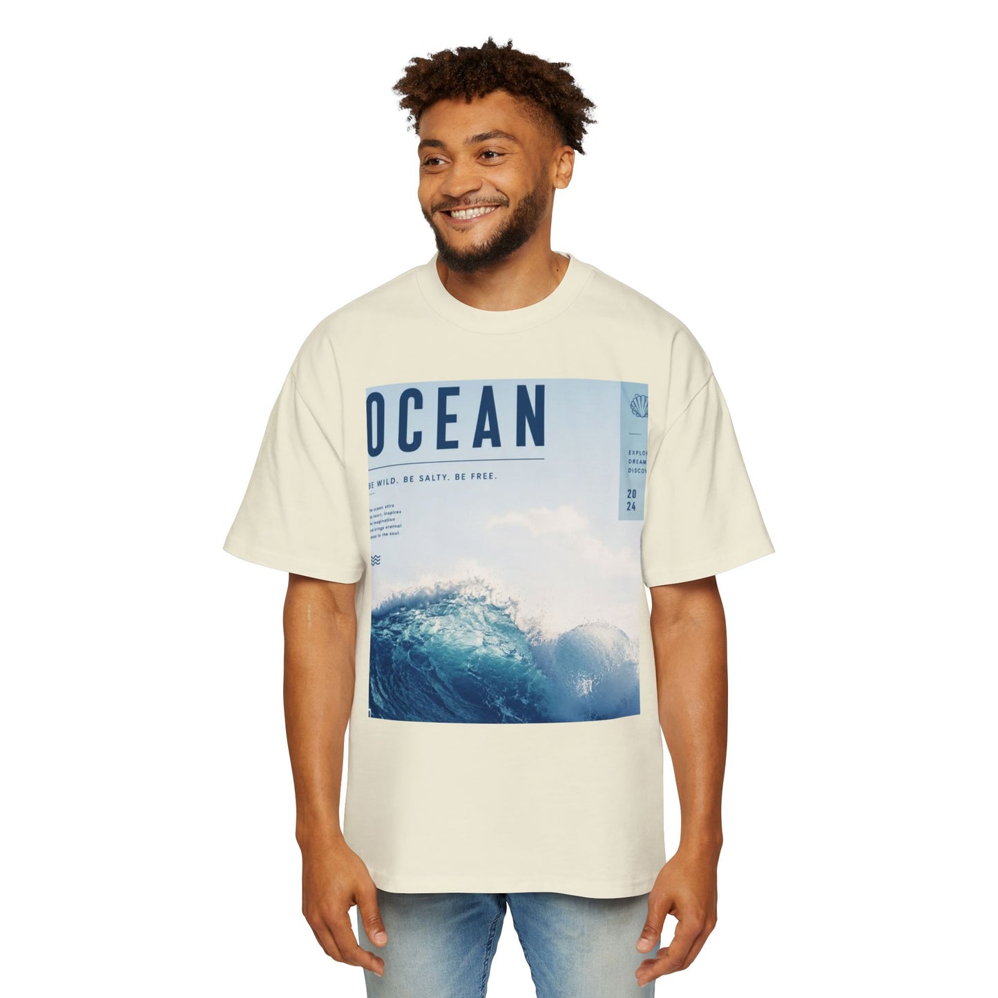 Ocean Wave Graphic Tee — "OCEAN" Photo Print Oversized Men's T-Shirt
