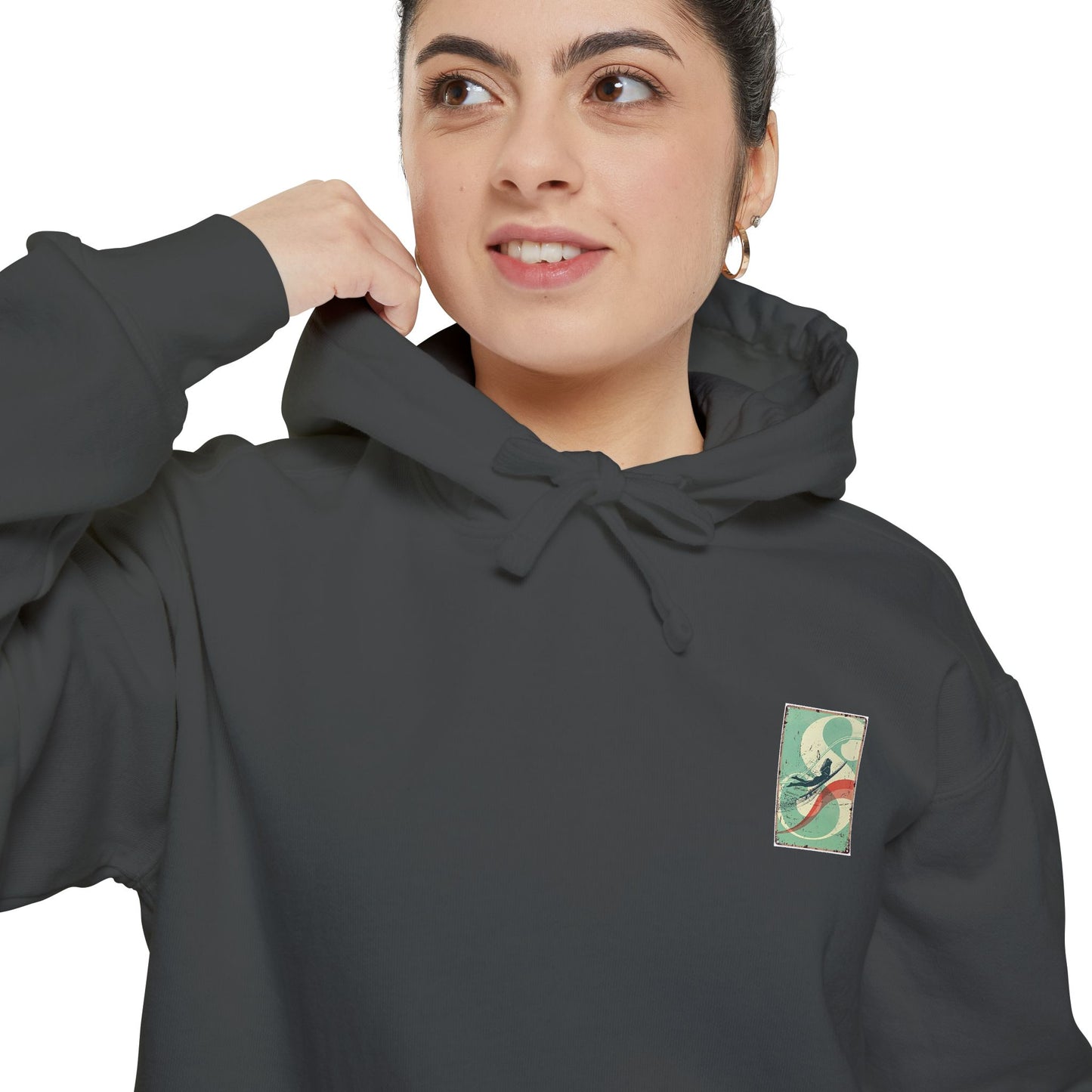 White Hoodie with Retro Skate Sticker Graphic — Vintage Skateboard Design