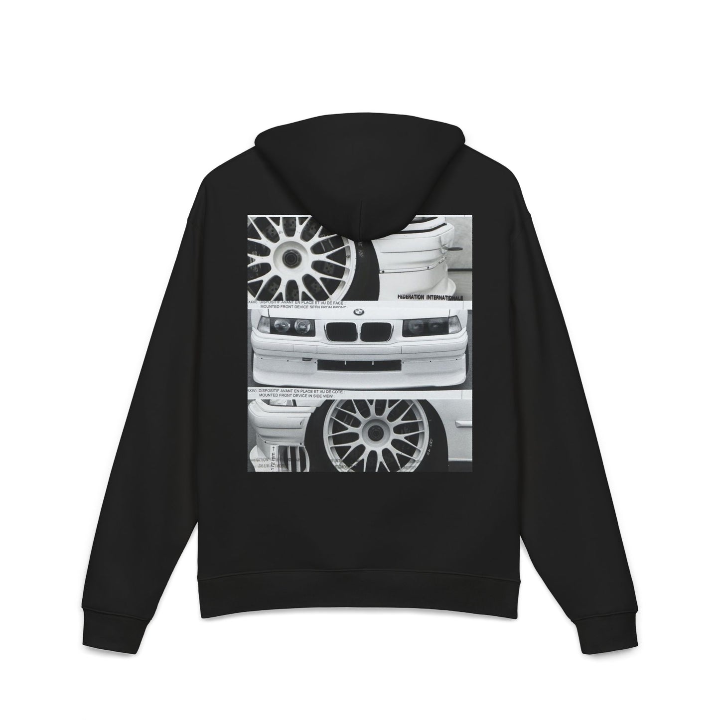 Hoodie — Stacked BMW Parts Streetwear Graphic (Front Logo, Back Car Bumper & Wheels)