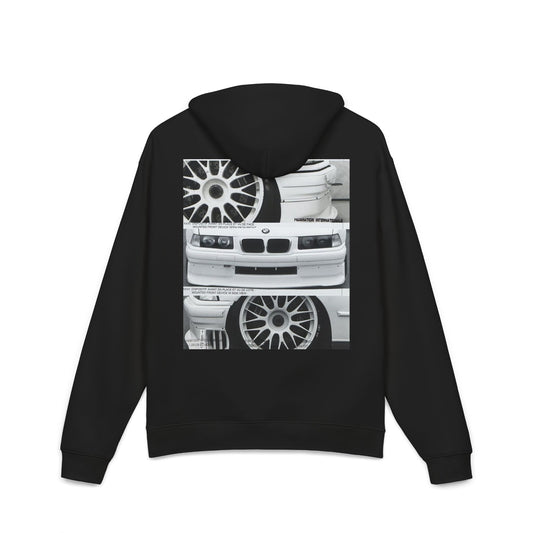 Hoodie — Stacked BMW Parts Streetwear Graphic (Front Logo, Back Car Bumper & Wheels)