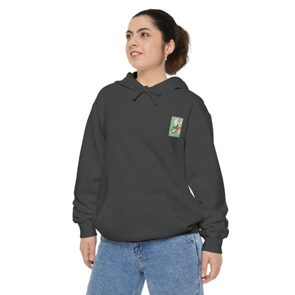 White Hoodie with Retro Skate Sticker Graphic — Vintage Skateboard Design