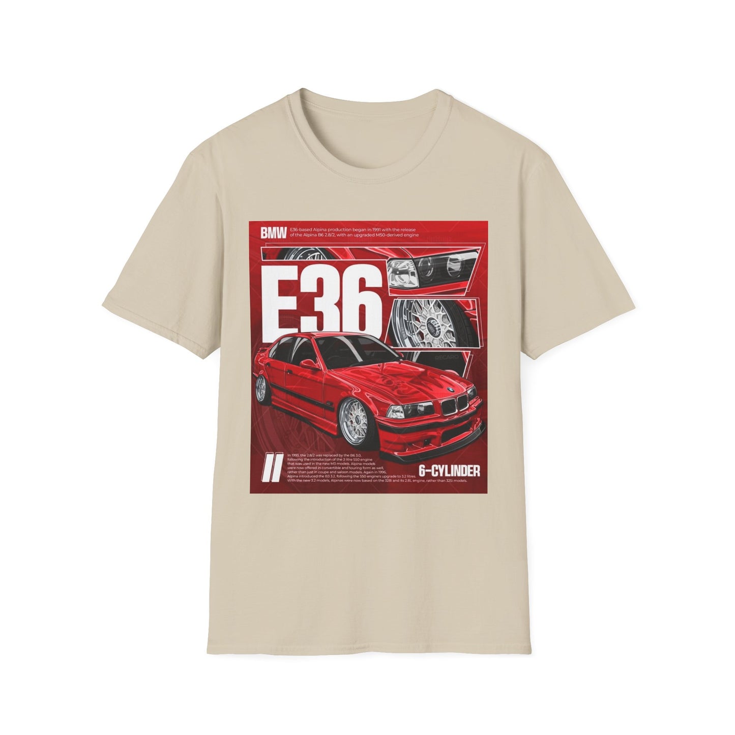 BMW E36 Graphic Unisex Softstyle T-Shirt, Car Enthusiast Tee, Vintage Auto Shirt, Gift for Him, Racing Apparel, Automotive Fashion